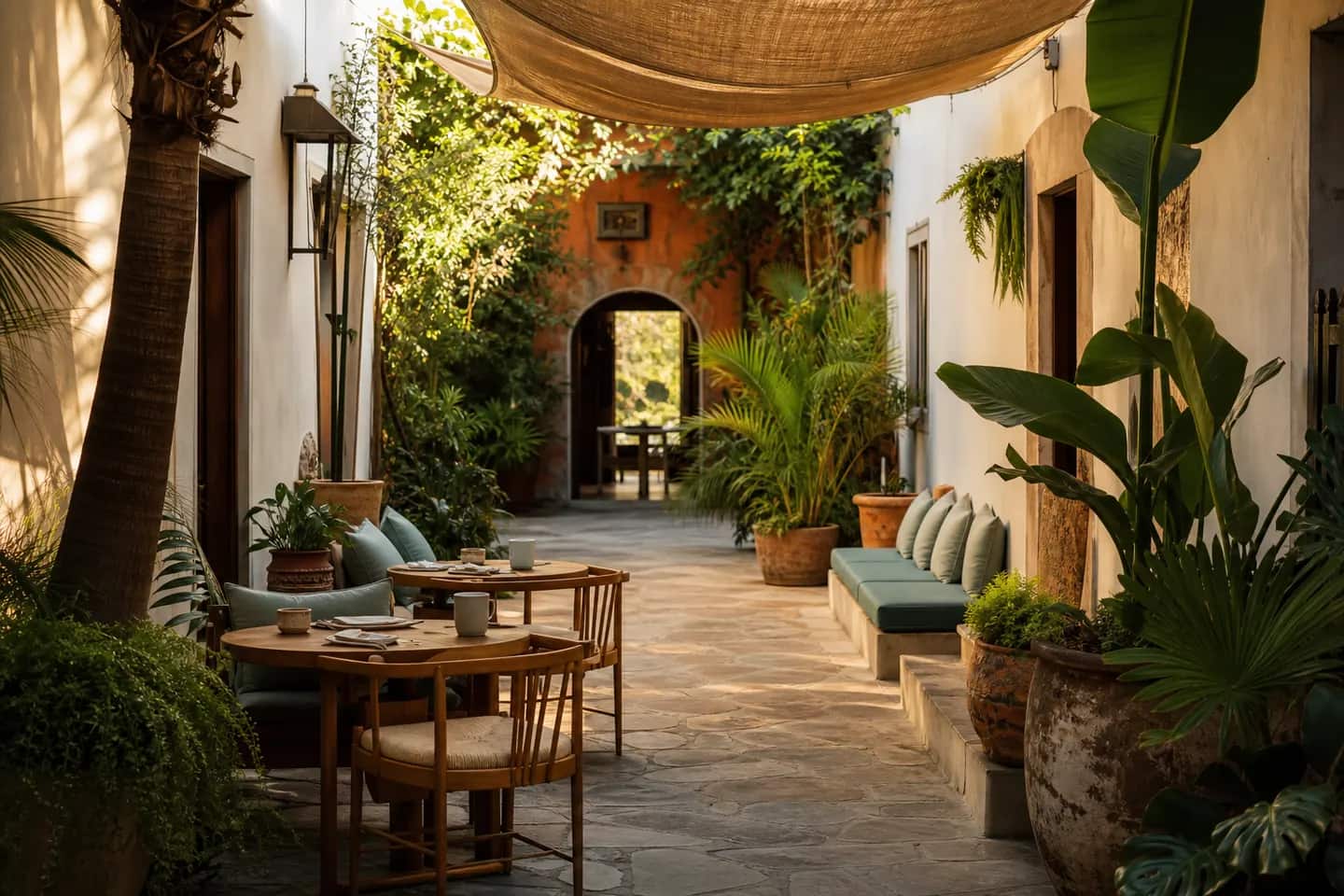 Luna Hospedaje Boutique: Terraza interior con plantas y espacios para descansar.