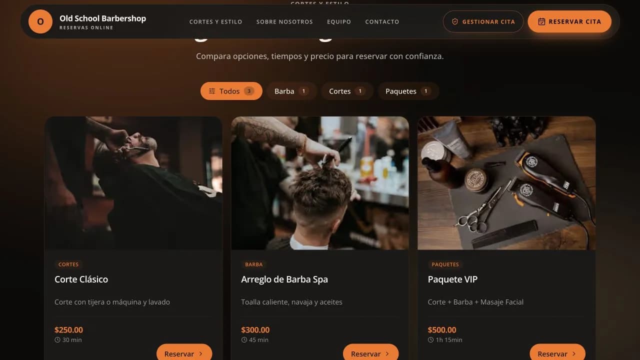 Catálogo de una barbería de ejemplo con corte clásico, arreglo de barba y paquete dentro de Agendemos.app.