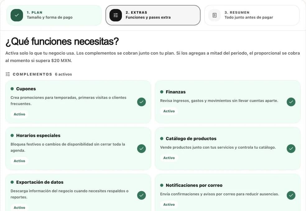 Vista real del configurador de Agendemos con seis complementos seleccionados.