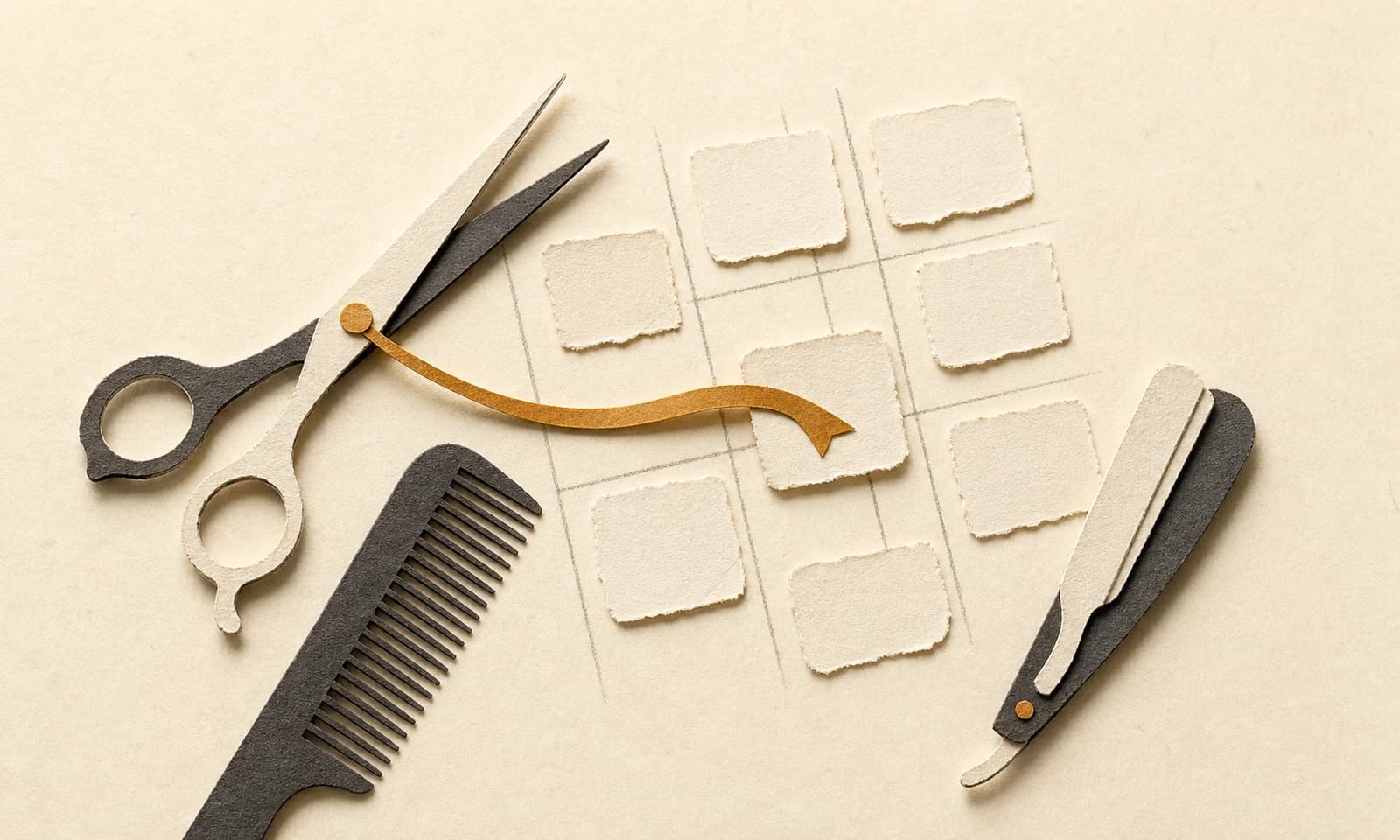 Tijeras, peine y navaja de papel rodean una cuadrícula de horarios para barbería.
