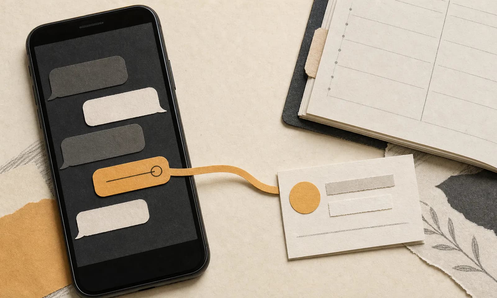 Un teléfono con mensajes abstractos conecta mediante una tira ámbar con una tarjeta de cita y una agenda de papel.